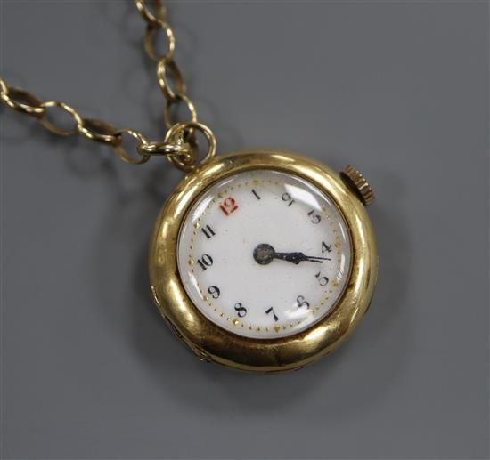 An 18ct gold-cased ladys fob watch on 9ct gold suspension chain.